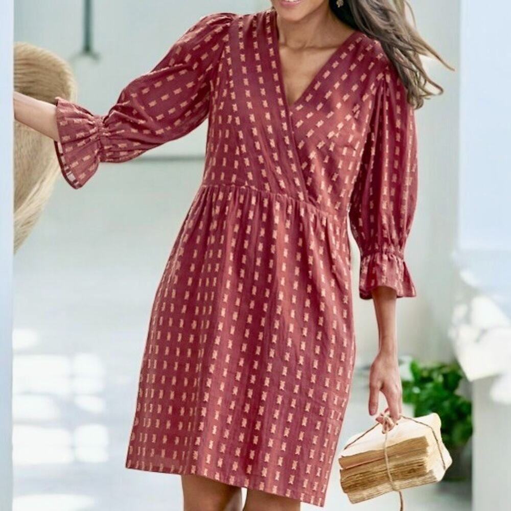 Garnet Hill Surplice Cotton Dress Swiss Dot Knee Length Flutter Sleeve Sz 10 NWT